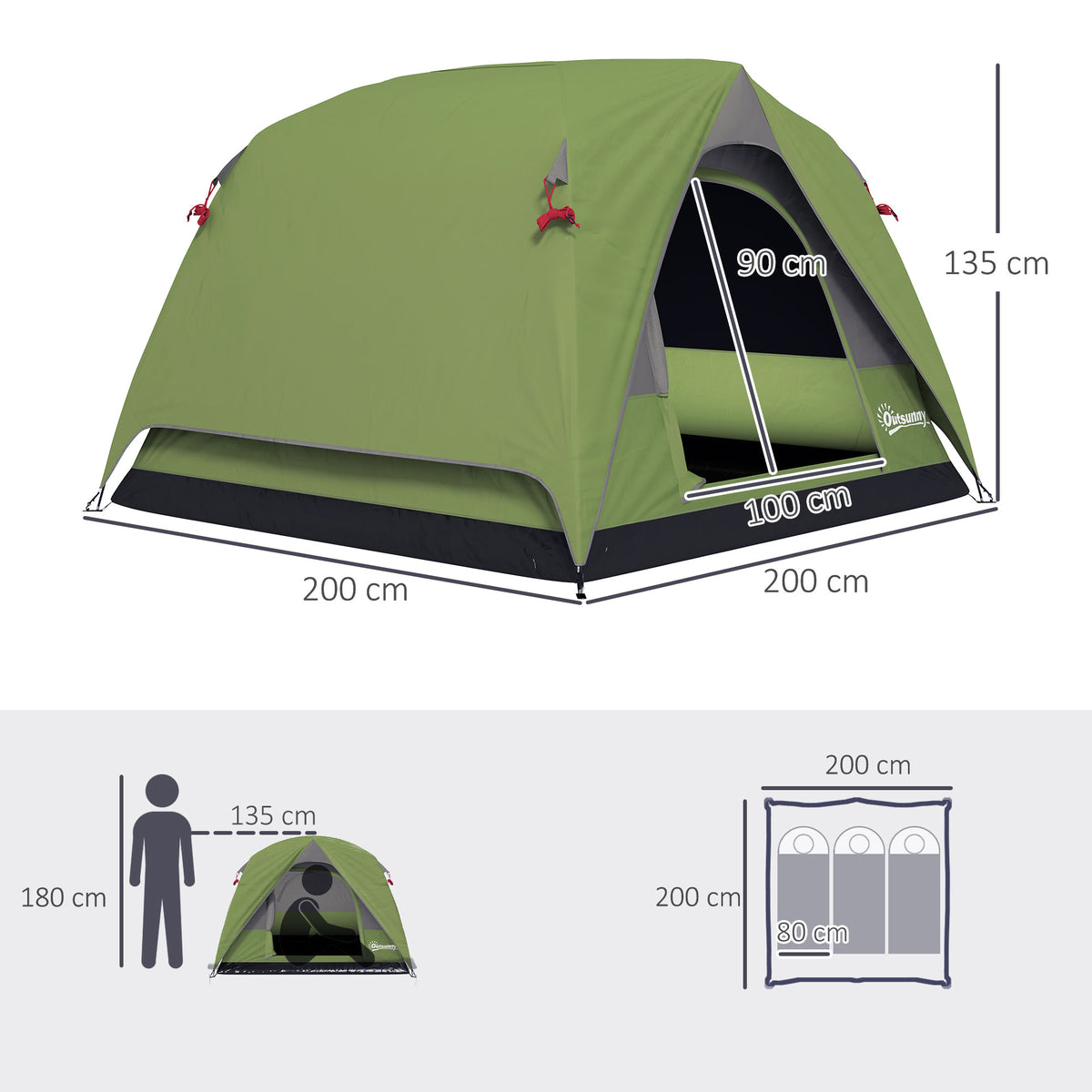 Outsunny Campingzelt 2-4 Personen, Familien-Domzelt wasserdicht, mit Fenstern, Tasche, Tragetasche Olivgrün