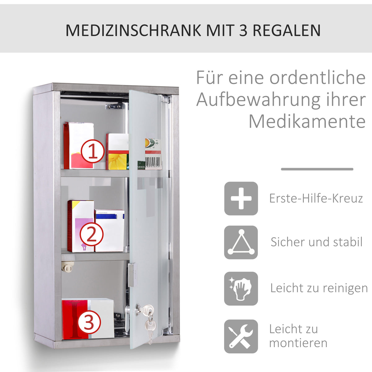 Medizinschrank Arzneischrank Erste-Hilfe-Schrank mit Schloss 3 Fächer Edelstahl Silber 25 x 12 x 48 cm