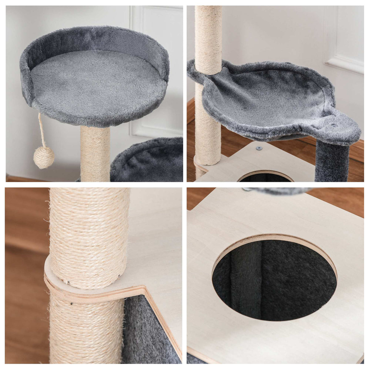 PawHut Kratzbaum für Katzen Hoch 95cm, Katzenbaum mit Mehreren Ebenen, Höhle, Hängematte, Spielball, Haus und Sisalseilen, 48x34x95cm, Grau