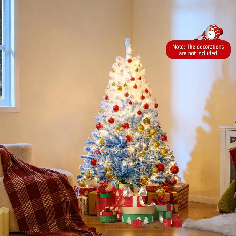 Pre-Lit Snow-Flocked Artificial Christmas Tree with Hinged Construction and Full Branch Profile