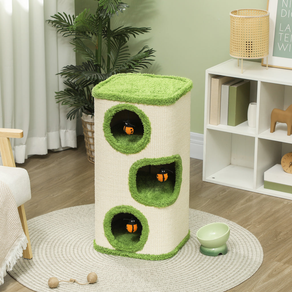 PawHut Kratzturm, 76 cm, Katzenhöhlen mit Plüsch, Kratzfläche, Spielzeug, Grün/Cremeweiß