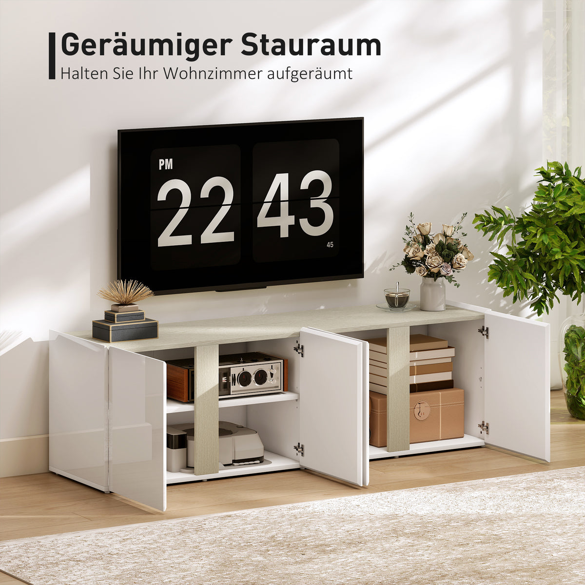 HOMCOM TV-Kommode für 65-Zoll-Fernseher, Fernseh-Schrank mit Soft-Close-Türen, anpassbare Regale, Kabellöcher, für Wohnzimmer, Weiß