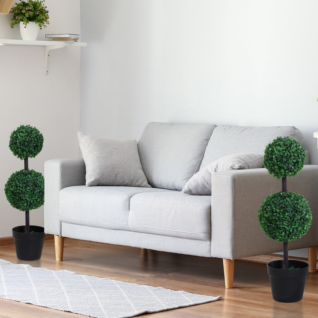 Outsunny 2er-Set Kunstpflanze, Künstliche Pflanzen im Kugeldesign, Kunstbaum im Zementtopf, Kunststoff-Pflanze, Grün+Schwarz