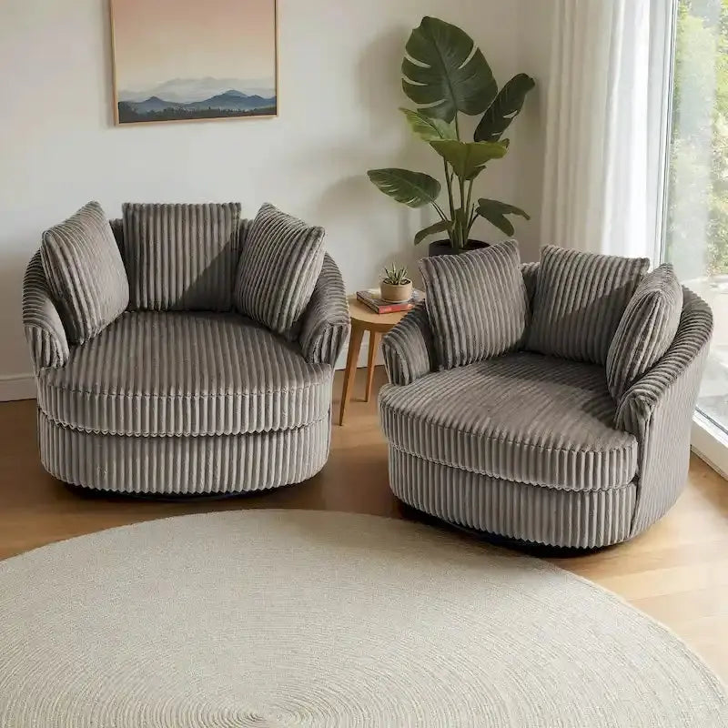 Oversized Corduroy Swivel Barrel Chair Set – 2-Piece Plush Seating with Decorative Pillows (43″W Each)