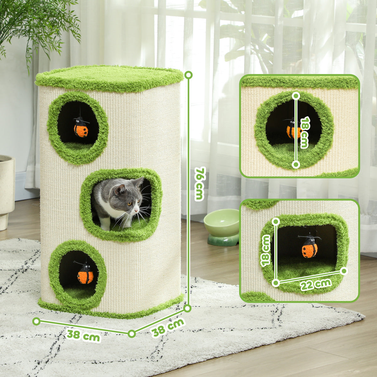PawHut Kratzturm, 76 cm, Katzenhöhlen mit Plüsch, Kratzfläche, Spielzeug, Grün/Cremeweiß