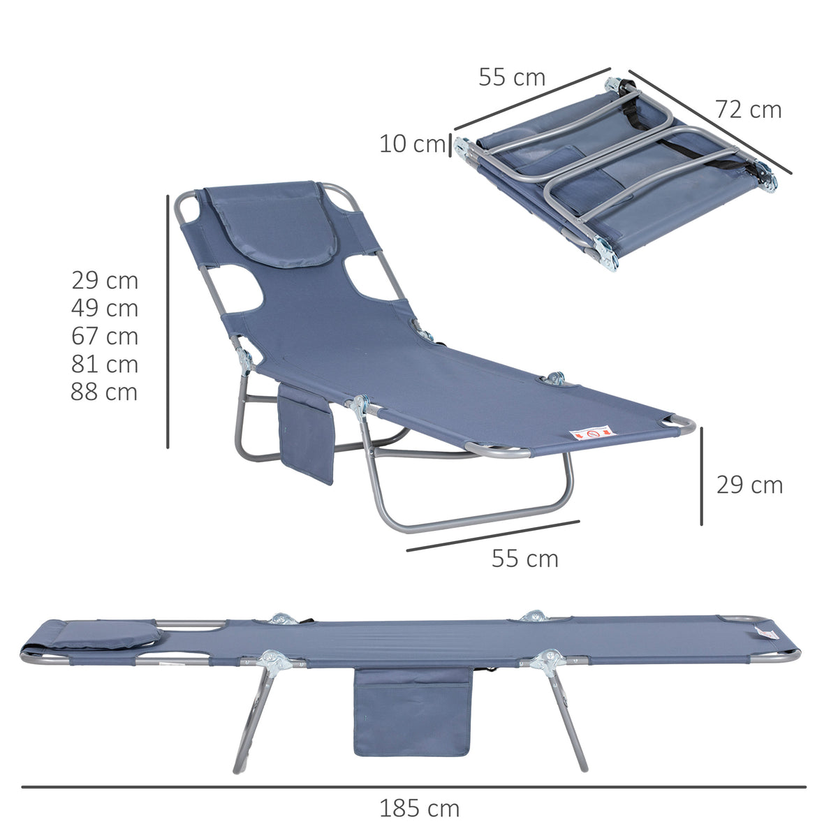 Outsunny Gartenliege, Liegestuhl mit gepolsterter Gesichtsöffnung, Massage-Liege für draußen, Seitentasche, Stoff, Metall, Grau