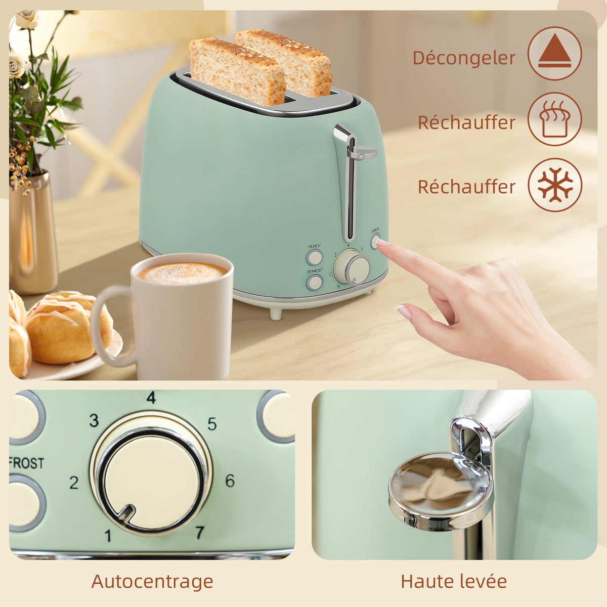 HOMCOM Set Wasserkocher und Toaster, Edelstahl-Wasserkocher 1,7 L und 2200 W und 2-Scheiben Toaster, grün