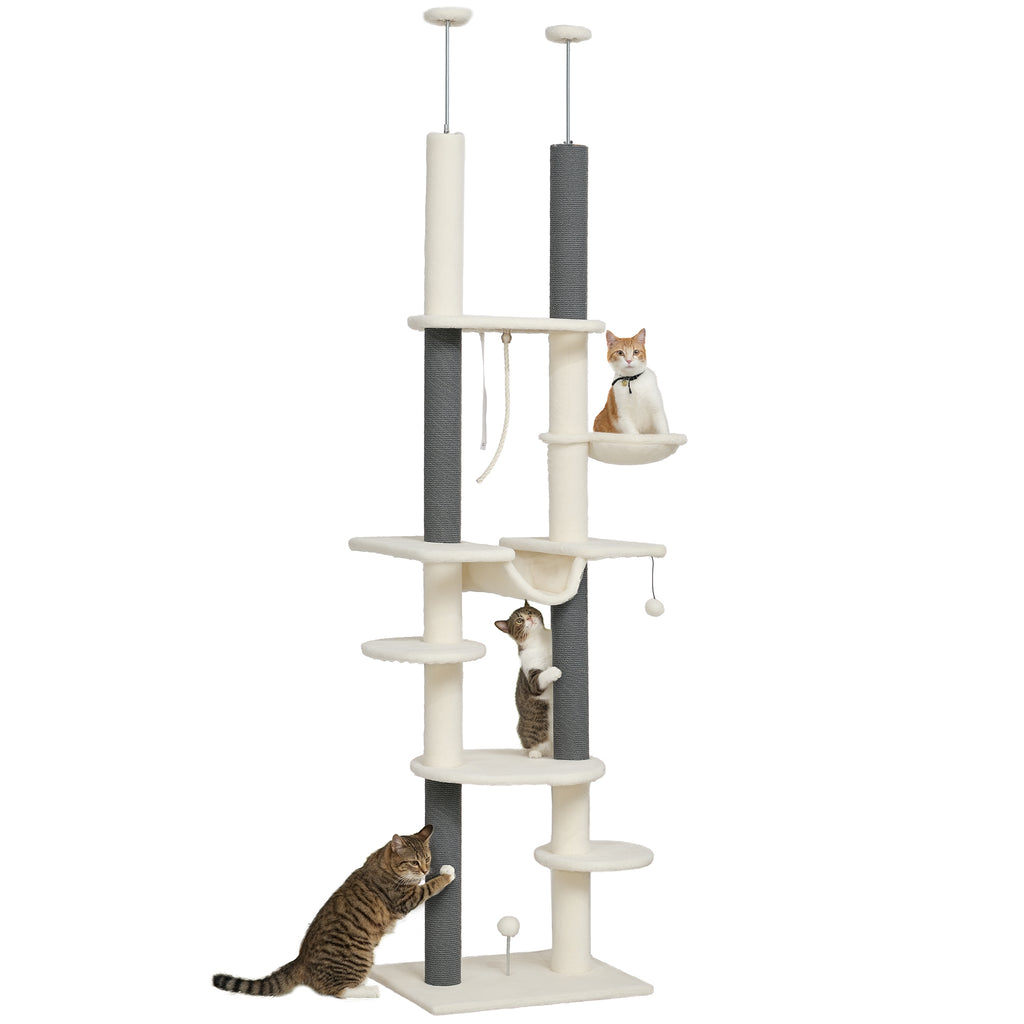 PawHut Kratzbaum, deckenhoch, verstellbar 225-255 cm, Plattformen & Hängematten, Kippschutz, Weiß
