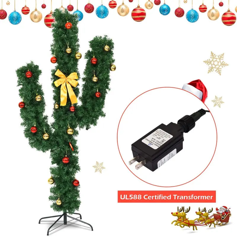 Pre-Lit Cactus-Themed Artificial Christmas Tree – Festive LED Illuminated Design with Ornaments