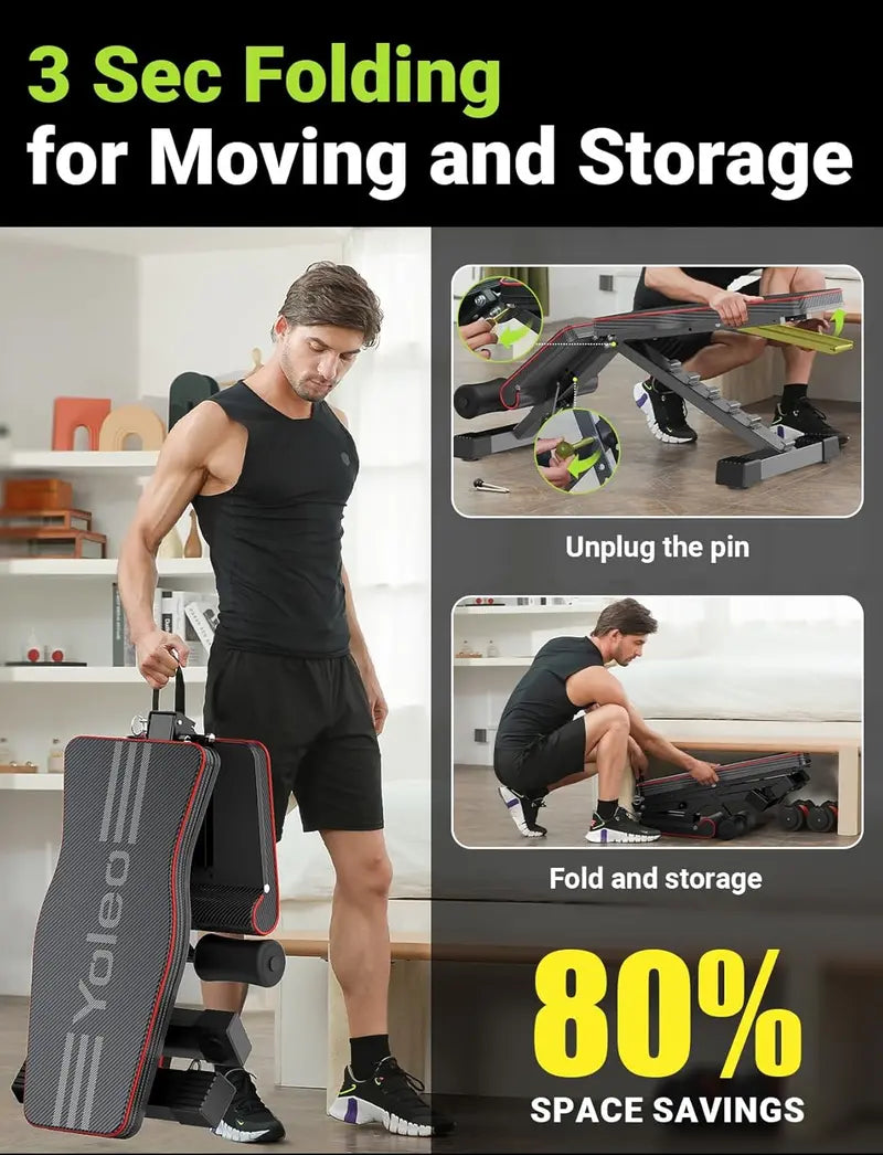 Yoleo Adjustable Folding Weight Bench for Home Gym Strength Training & Full-Body Workouts