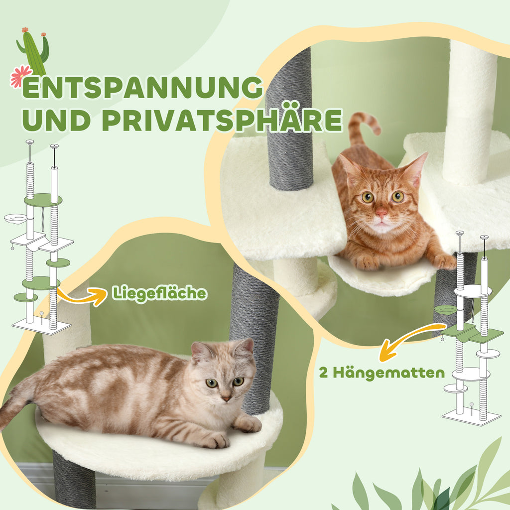 PawHut Kratzbaum, deckenhoch, verstellbar 225-255 cm, Plattformen & Hängematten, Kippschutz, Weiß