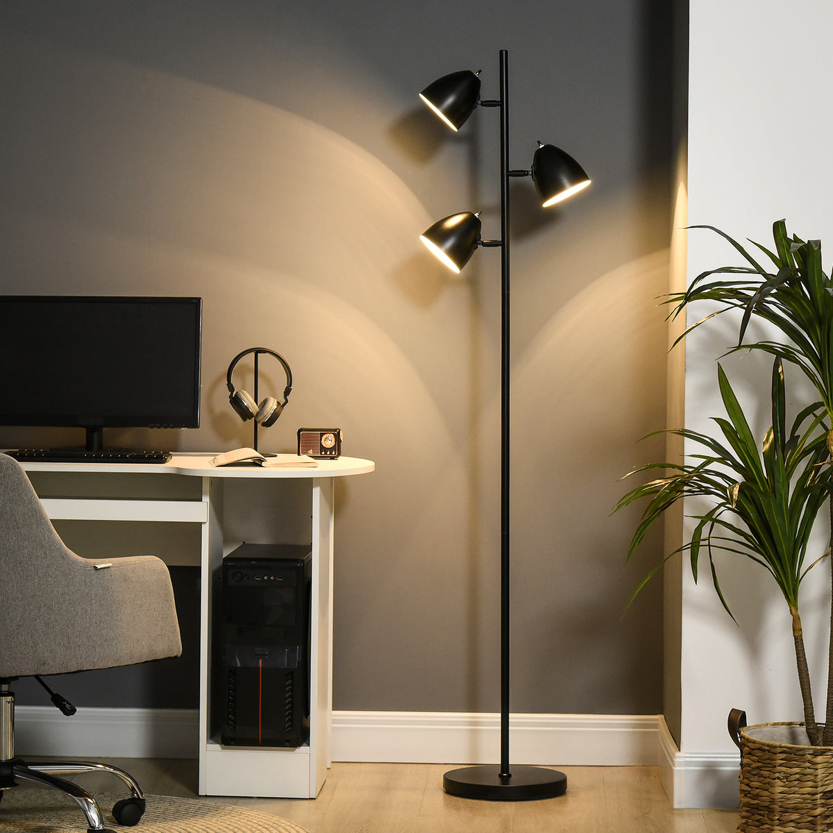HOMCOM Stehlampe, Bodenlampe, 3 einstellbare Schirme, Metall, Schwarz