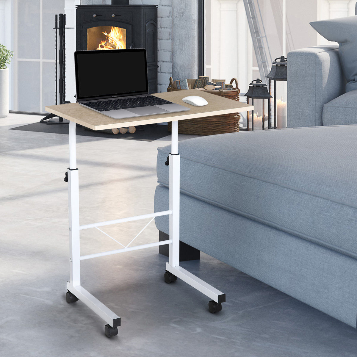 HOMCOM Beistelltisch höhenverstellbarer Couchtisch mobiler Endschreibtisch mit Rädern Feststellbremsen C-Tische Spanplatte Stahl Eisen Kunststoff Weiße Ahornfarbe 60 x 40 x 68-78 cm