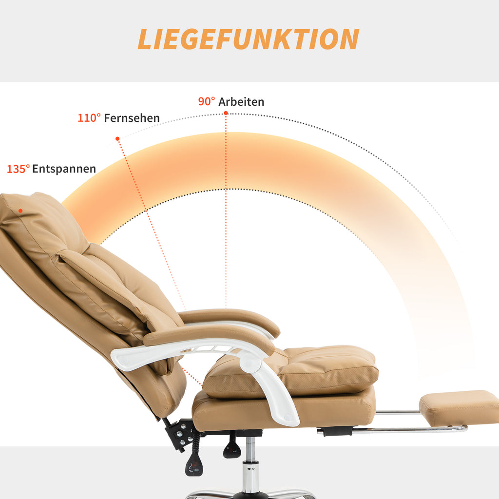 HOMCOM Bürostuhl Ergonomischer Schreibtischstuhl mit Lendenwirbelstütze, Klappbar Armlehne, Fußstütze Hellbraun