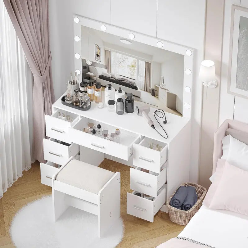 Lighted Vanity Desk Set – Adjustable Brightness Makeup Table with 3-Color LED Mirror & Matching Stool