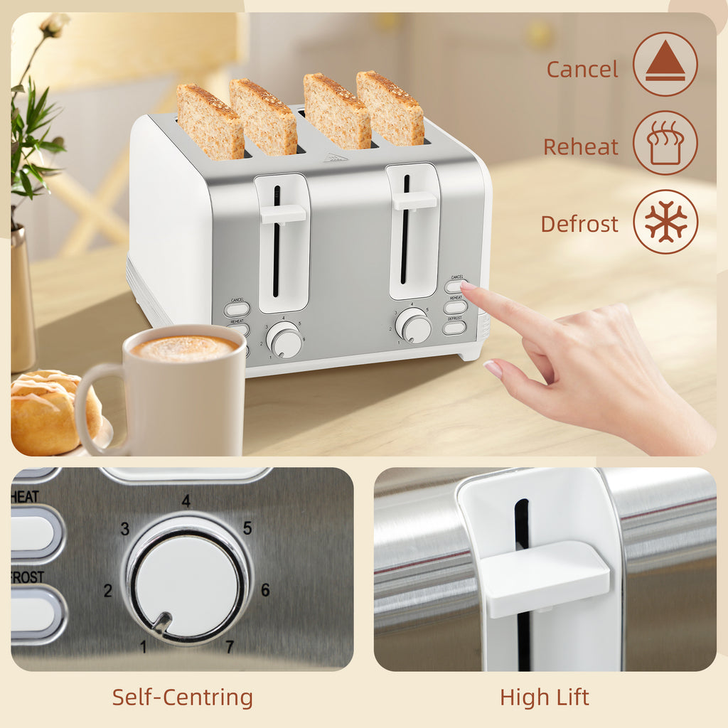 HOMCOM Wasserkocher und Toaster Set, Edelstahl Wasserkocher 1,7 L und 2200 W und 4-Scheiben Toaster, Weiß