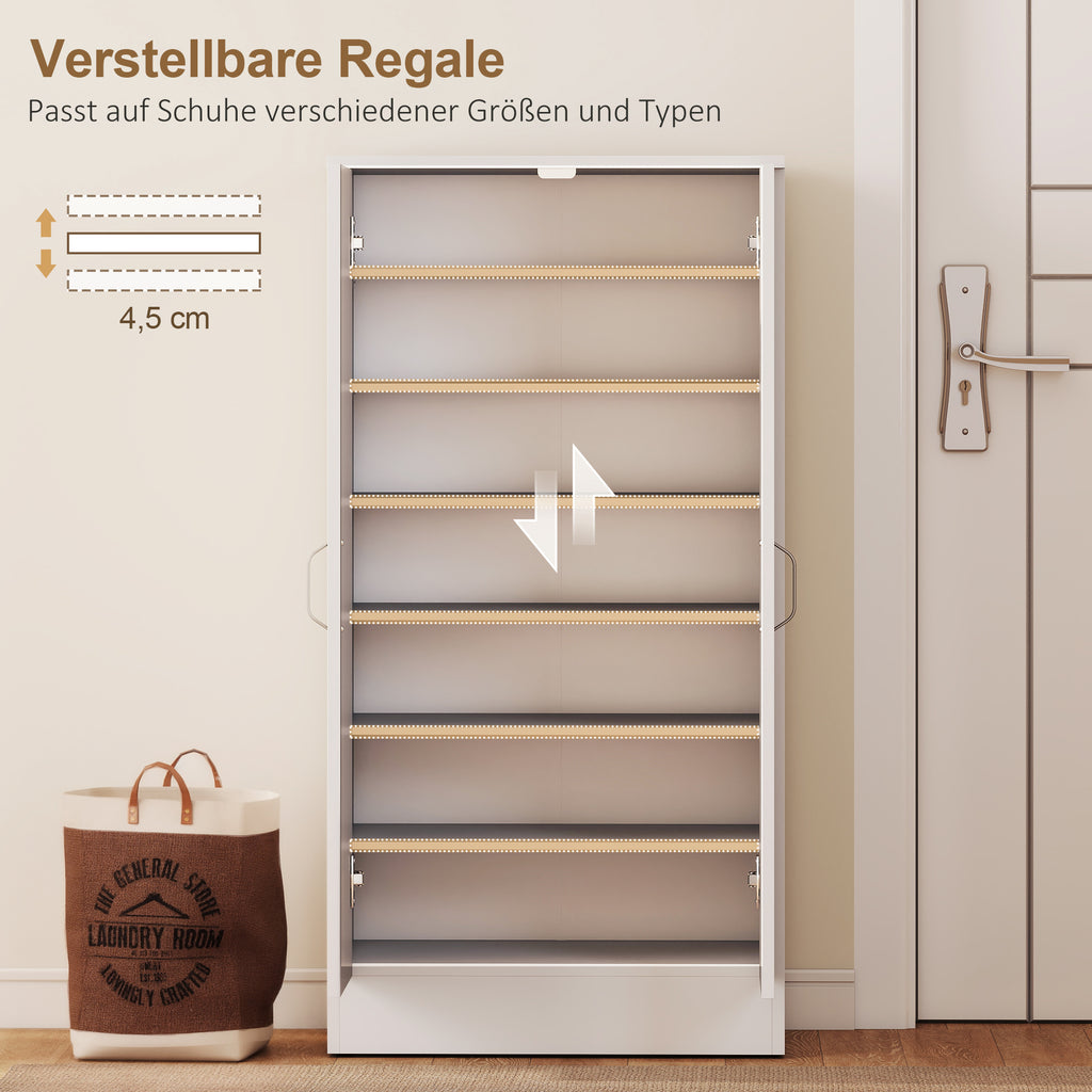 HOMCOM Schuhschrank mit Soft-Close-Scharnieren, verstellbare Regale, 6-stufiges Schuhregal für Flur, Eingangsbereich, für 14 Paare, 55 x 35 x 108 cm, Holz, Weiß
