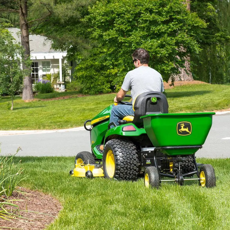 John Deere 175 lb Tow-Behind Broadcast Spreader – Rustproof Poly Hopper, Universal Hitch Compatibility