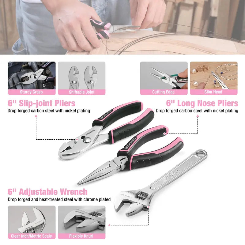 WORKPRO Complete Household Tool Set – 258 or 284 Pieces, Pink Ribbon Design