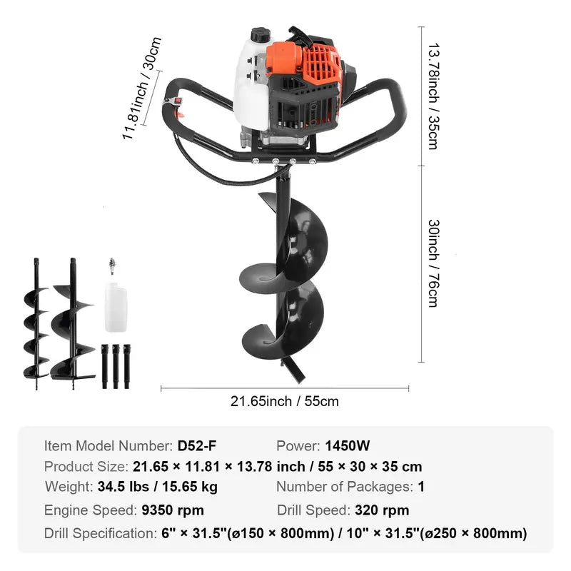 VEVOR 52cc Post Hole Digger – 1450W Gas-Powered Auger for Fencing & Landscaping