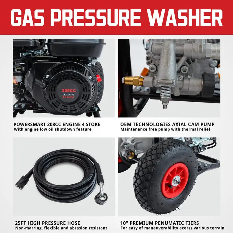 PowerSmart 3200 PSI Gas-Powered Pressure Washer – 208cc Engine, 5-Mode Nozzle, 25-Foot Hose, CARB-Certified