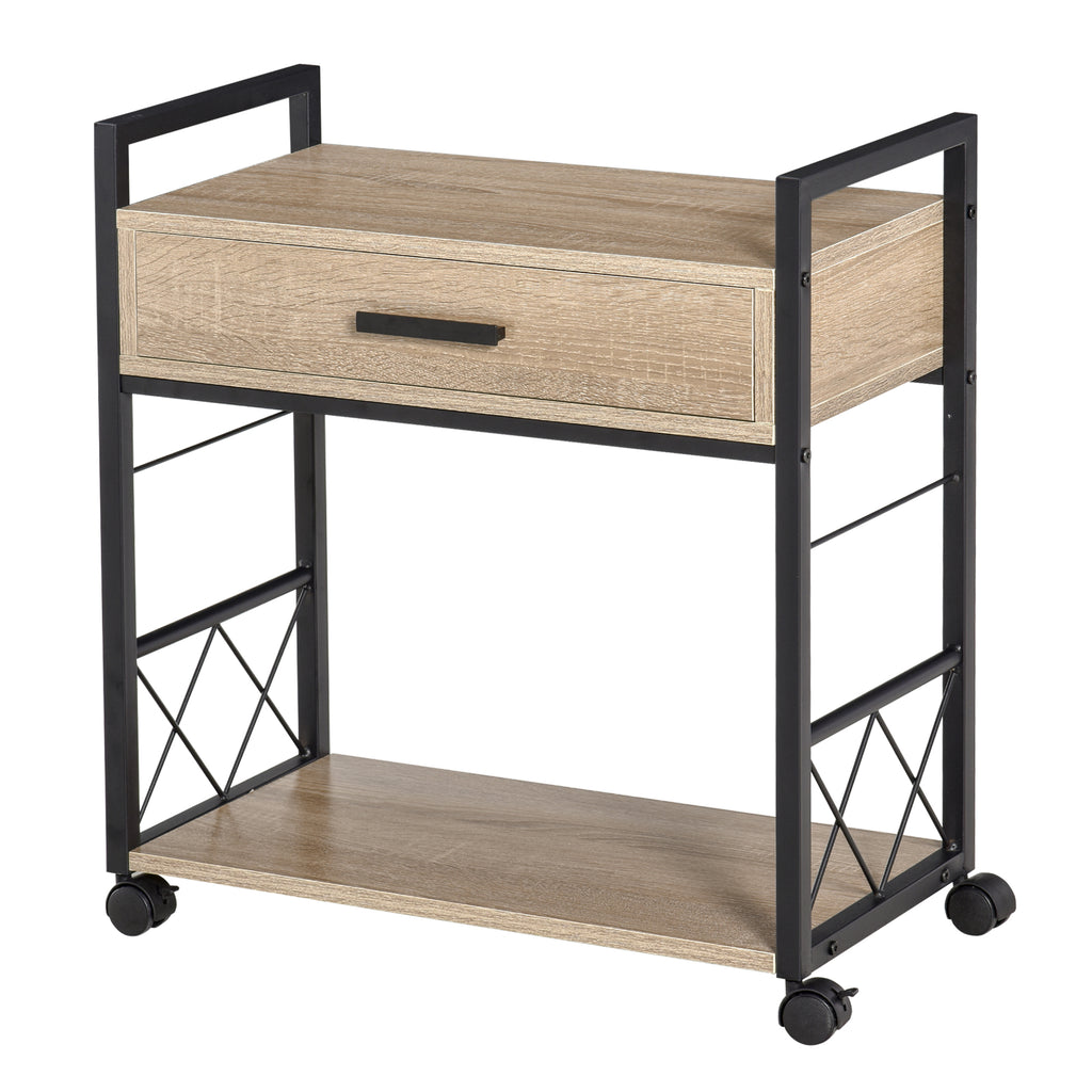 HOMCOM Beistelltisch Servierwagen mit Rädern Küchenwagen Kaffeetisch mit Schublade Ablage Sideboard beweglich Spanplatte Natur 60 x 30 x 65 cm