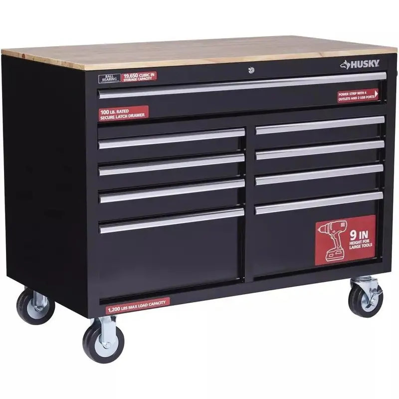 Husky 46″ 9-Drawer Gloss Black Mobile Tool Chest Workbench with Power Strip
