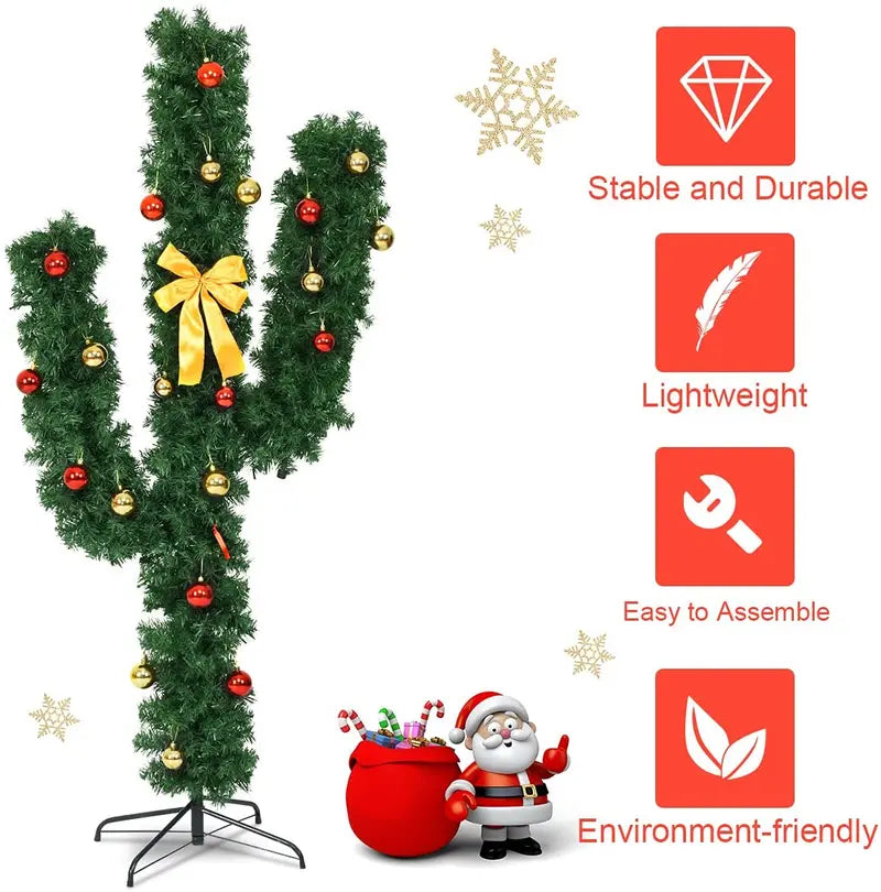 Pre-Lit Cactus-Themed Artificial Christmas Tree – Festive LED Illuminated Design with Ornaments