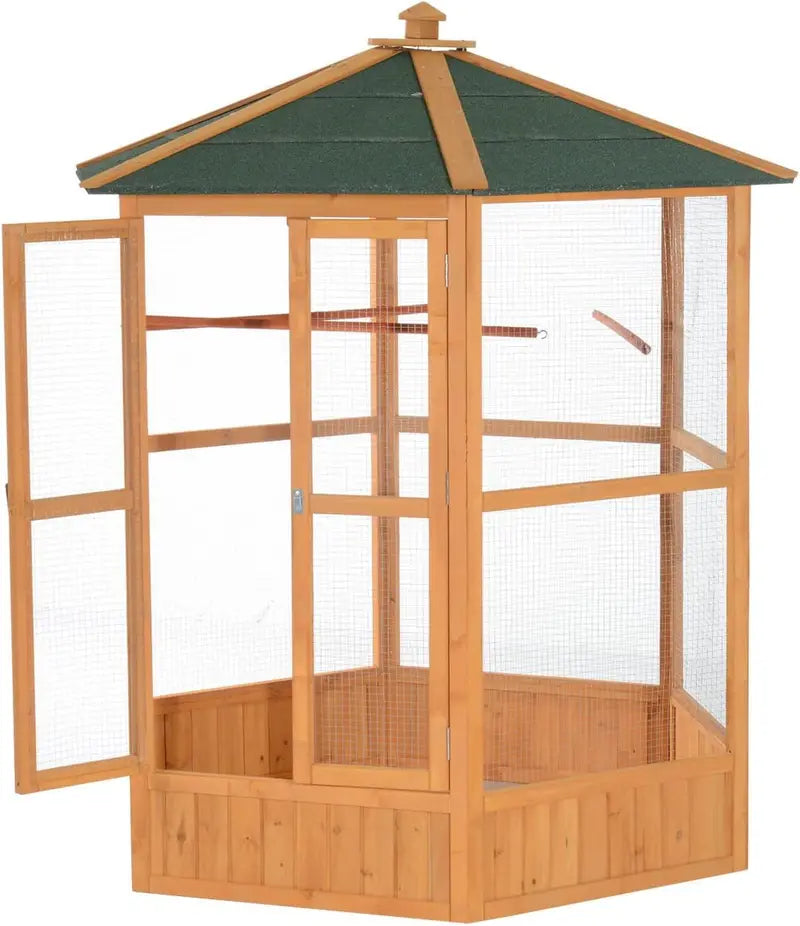 Hexagonal Wooden Outdoor Aviary Bird Cage with Covered Roof – Large