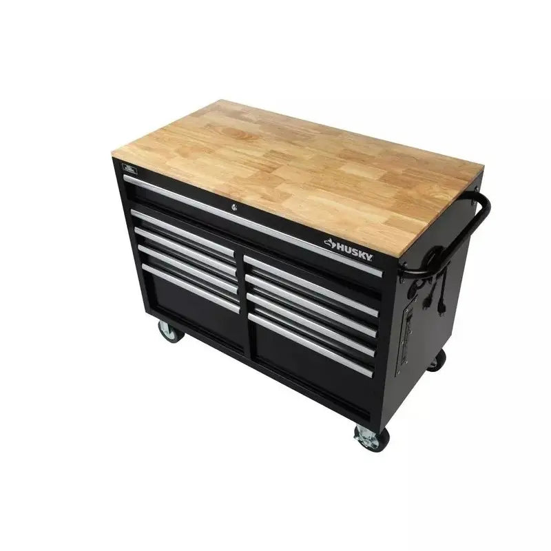 Husky 46″ 9-Drawer Gloss Black Mobile Tool Chest Workbench with Power Strip