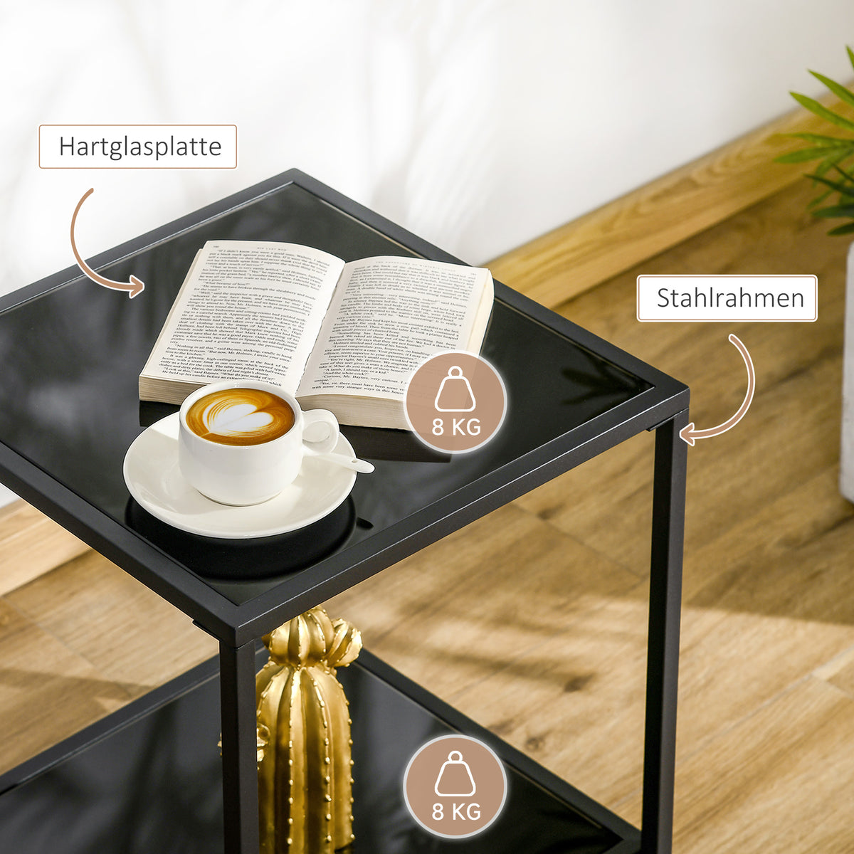 HOMCOM Beistelltisch mit gehärteten Glasplatten, 2 Ebenen, klassisches Design mit Metallstruktur, Schwarz