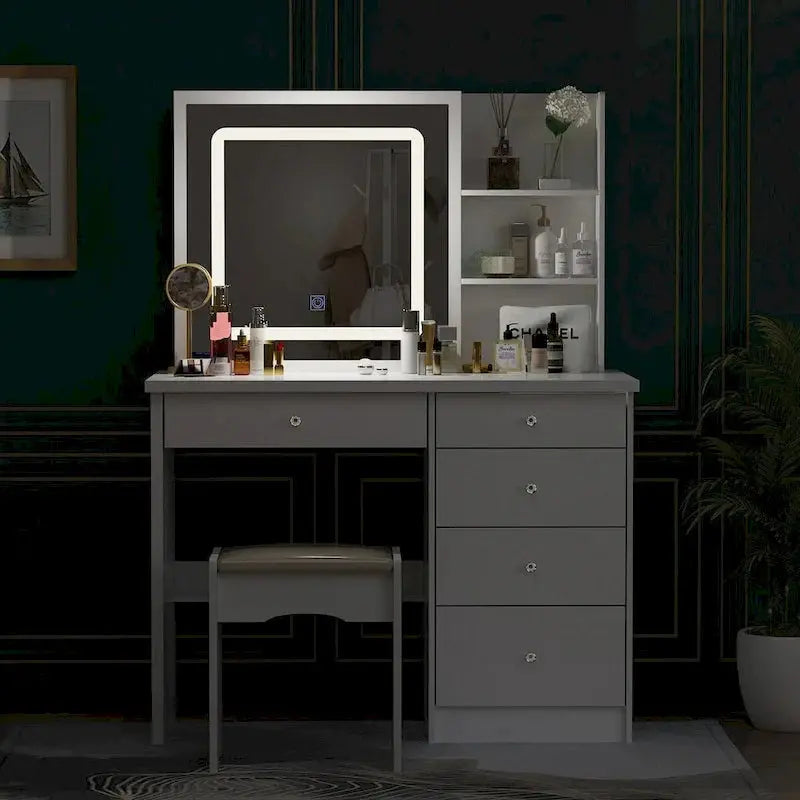 LED Vanity Desk Set – White Makeup Station with Illuminated Mirror and Matching Stool (39.4″ Wide)