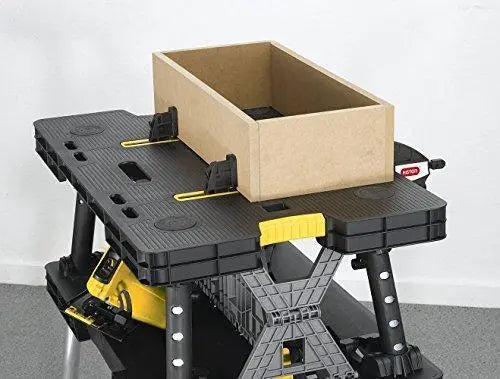 Keter Folding Miter Saw Stand – 12-Inch Woodworking Workbench with Clamps, Black/Yellow