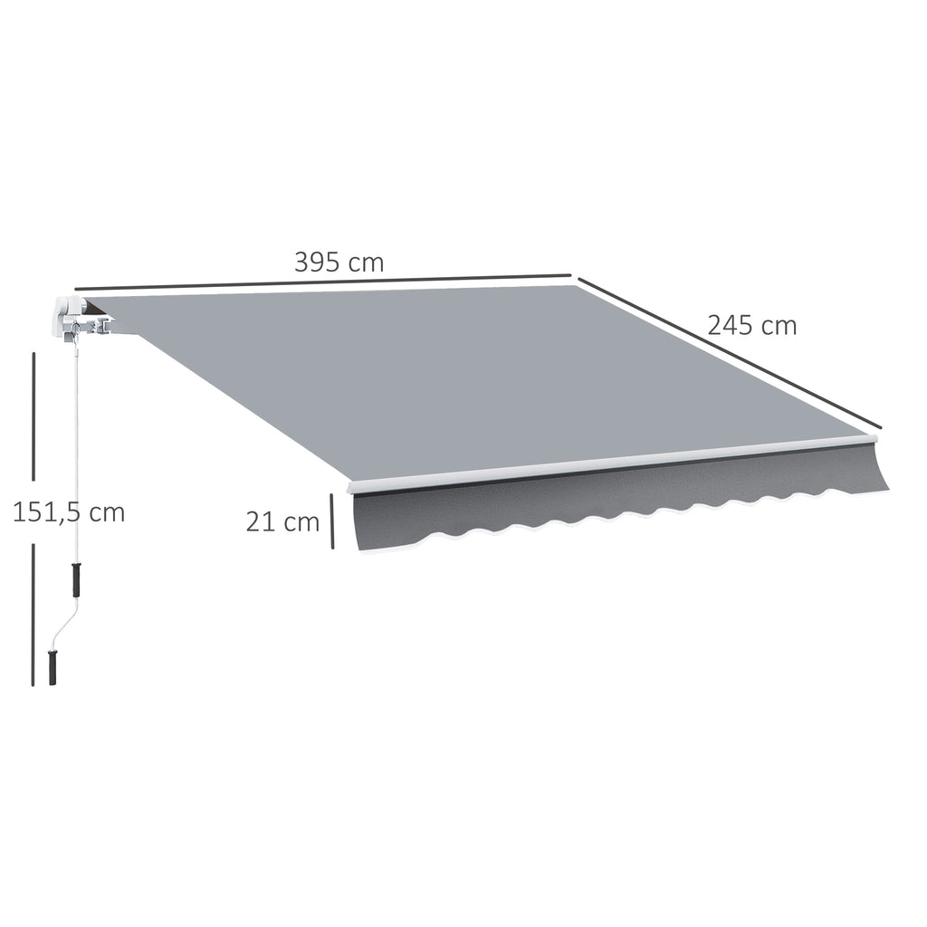Outsunny Markise, 3,95 x 2,45 m, Sonnenschutz, einfahrbar, mit Handkurbel, Metallrahmen, Polyester, Grau/Weiß