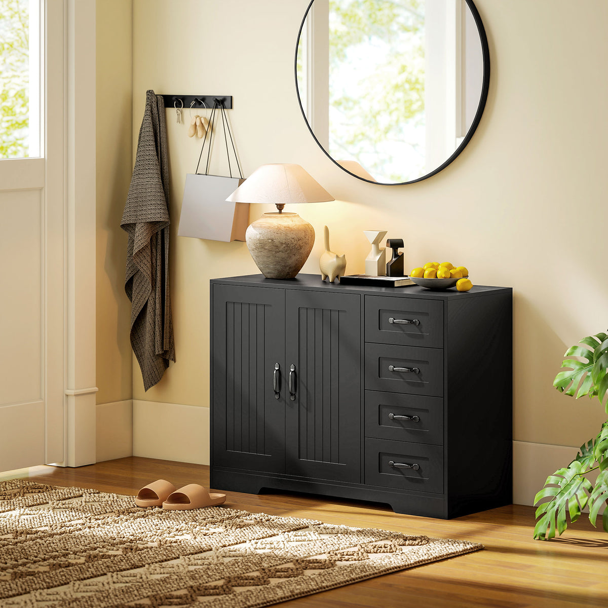 HOMCOM Sideboard, Kommode, moderner Stil, 4 Schubladen, 1 Schrank, 105 x 40 x 76 cm, Schwarz
