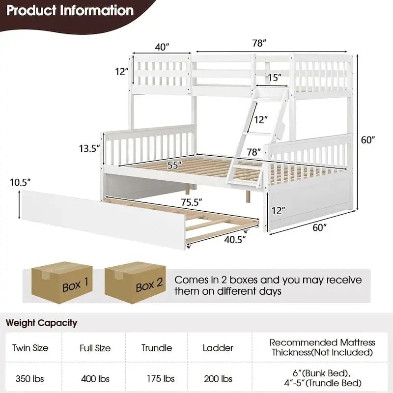 Gymax Twin-over-Full Bunk Bed with Convertible Twin Trundle Base