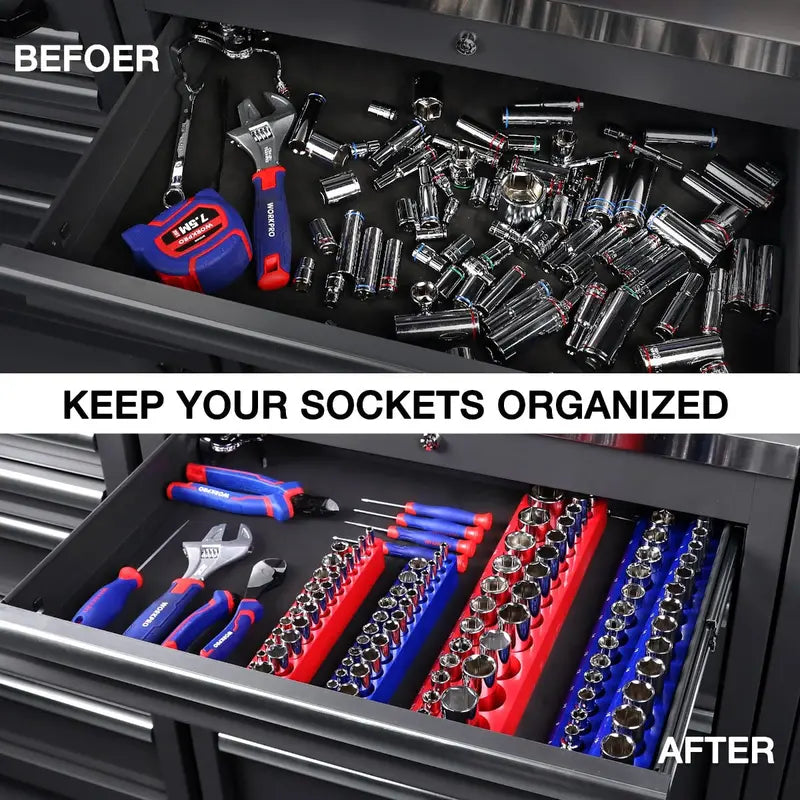 WORKPRO Compact Magnetic Socket Tray Set – 4-Piece Organizer for 1/4″ and 3/8″ Drives, Supports 108 Standard Socket Sizes