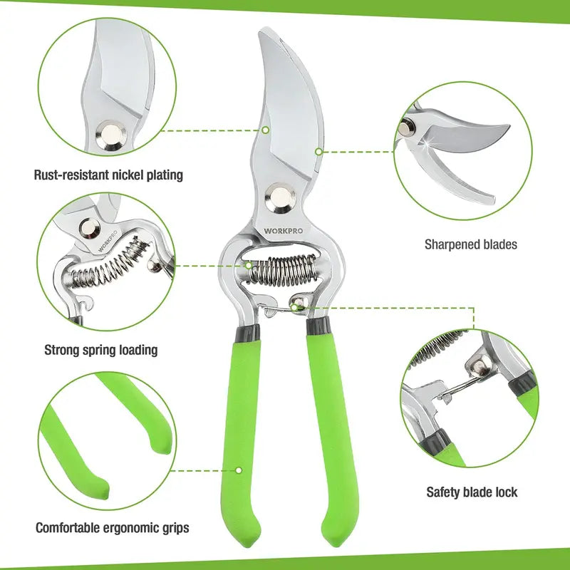 WORKPRO Dual-Purpose Pruning Shears Set – 8″ Bypass & Straight-Blade Hand Clippers