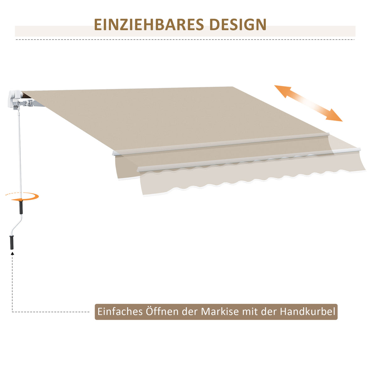 Outsunny Markise, Sonnenschutz, einfahrbar, mit Handkurbel, Metallrahmen, Polyester, Weiß+Beige, 3,95 x 2,45 m