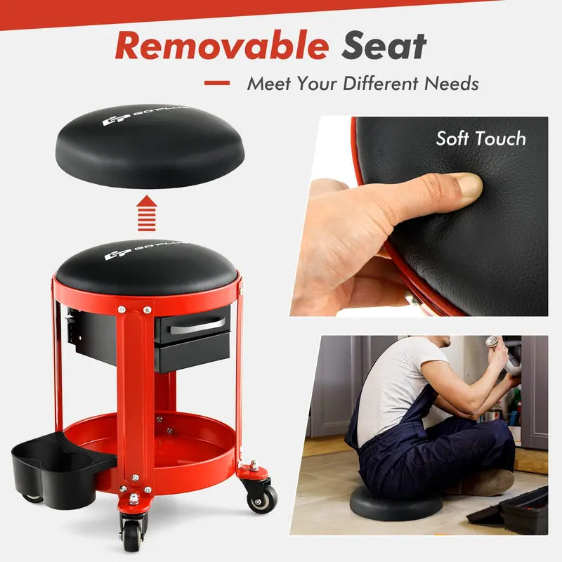 Pneumatic Rolling Mechanic Stool – Low-Profile Creeper Seat with Removable Cushioned Pad