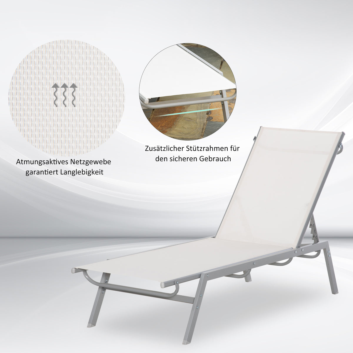 Outsunny Garten-Sonnenliege Relaxliege mit 5-stufige Rückenlehne aus Metall Cremeweiß 170 x 58 x 97 cm