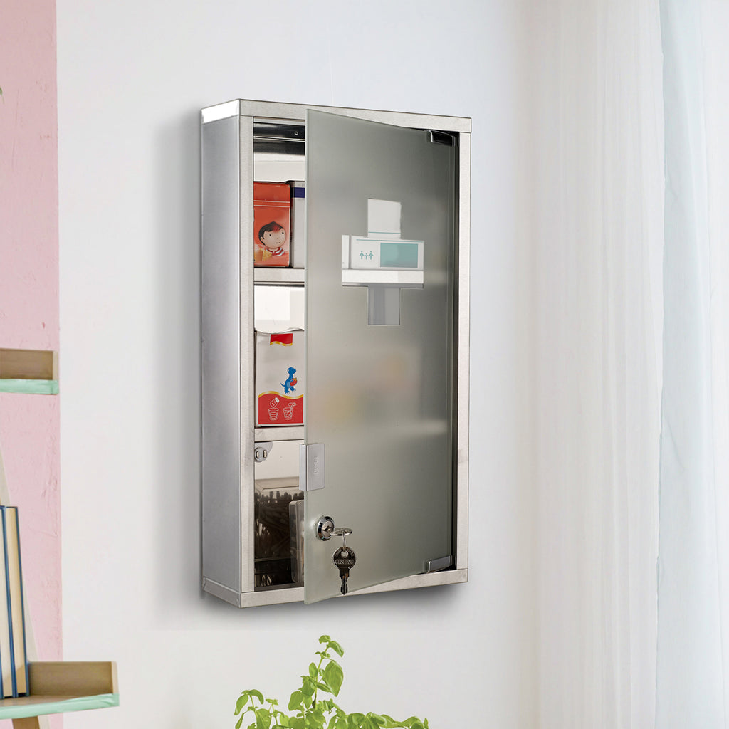 Medizinschrank Arzneischrank Erste-Hilfe-Schrank mit Schloss 3 Fächer Edelstahl Silber 25 x 12 x 48 cm