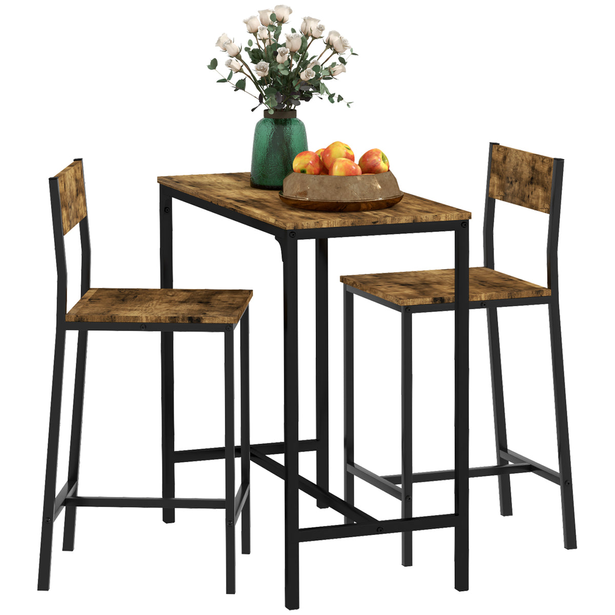 HOMCOM 3-teiliges Bar-Set, Stehtisch, 2 Stühle, MDF, Metallrahmen, wasserfest, Braun