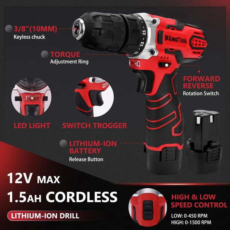 KingTool 276-Piece Cordless Tool Kit – Includes 12V Drill, Bits, and Organized Storage Case