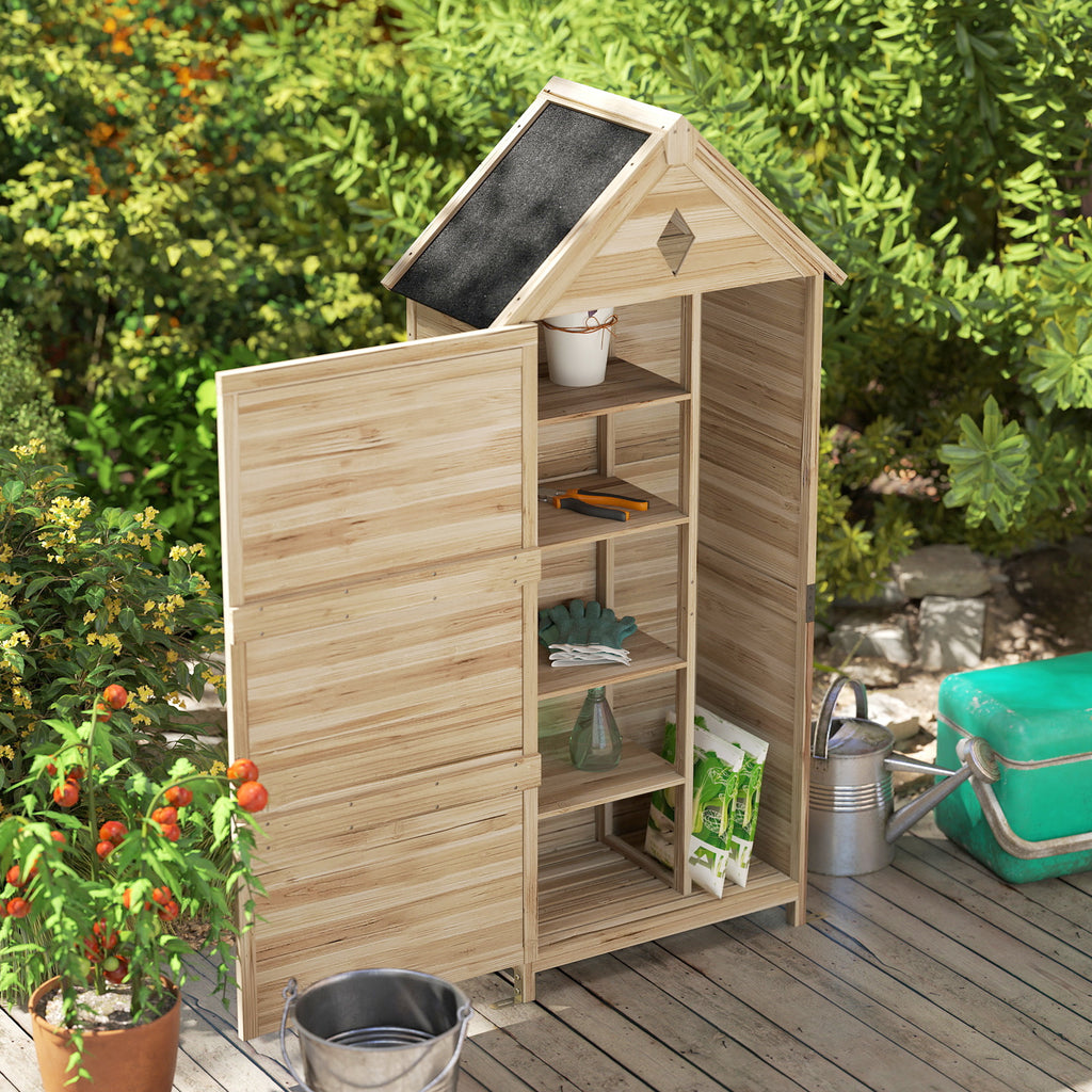 Outsunny Gartenschuppen mit 4 Regalen, Lagerschuppen aus Holz, wasserdichtes Asphalt-Dach, 80 x 49 x 170 cm, Hellbraun