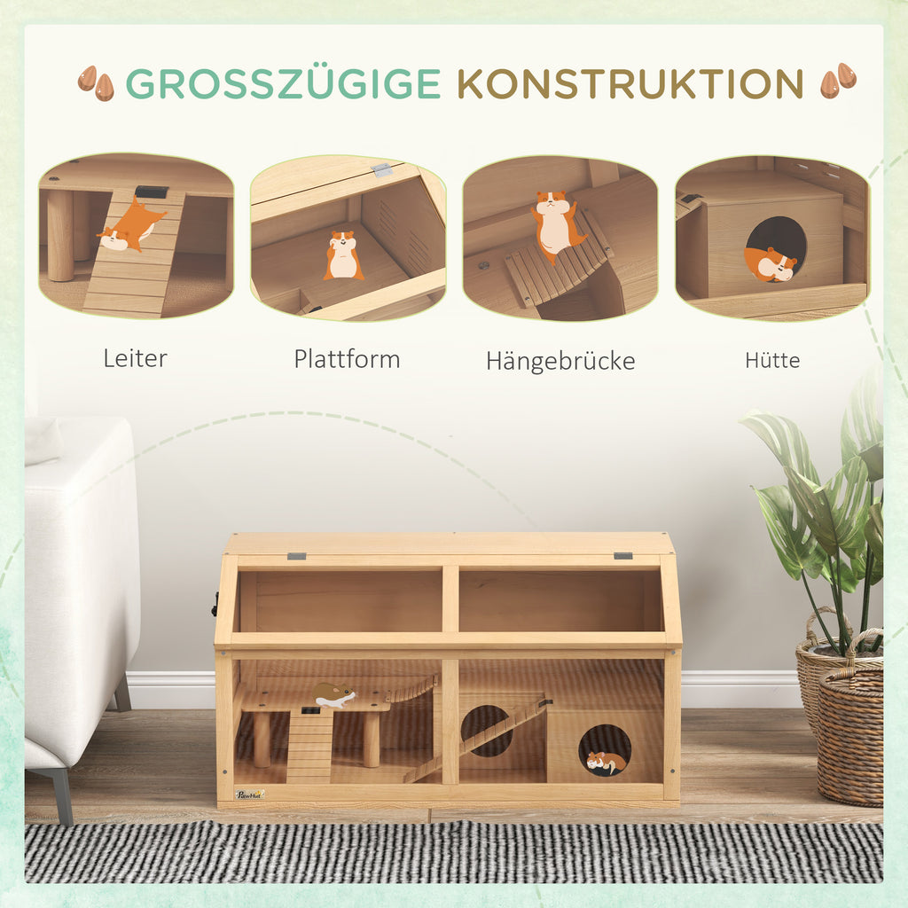 PawHut Hamsterkäfig für syrische Hamster und Zwerghamster, mit Plattform, Hängebrücke, Hütte, 85x45x44 cm