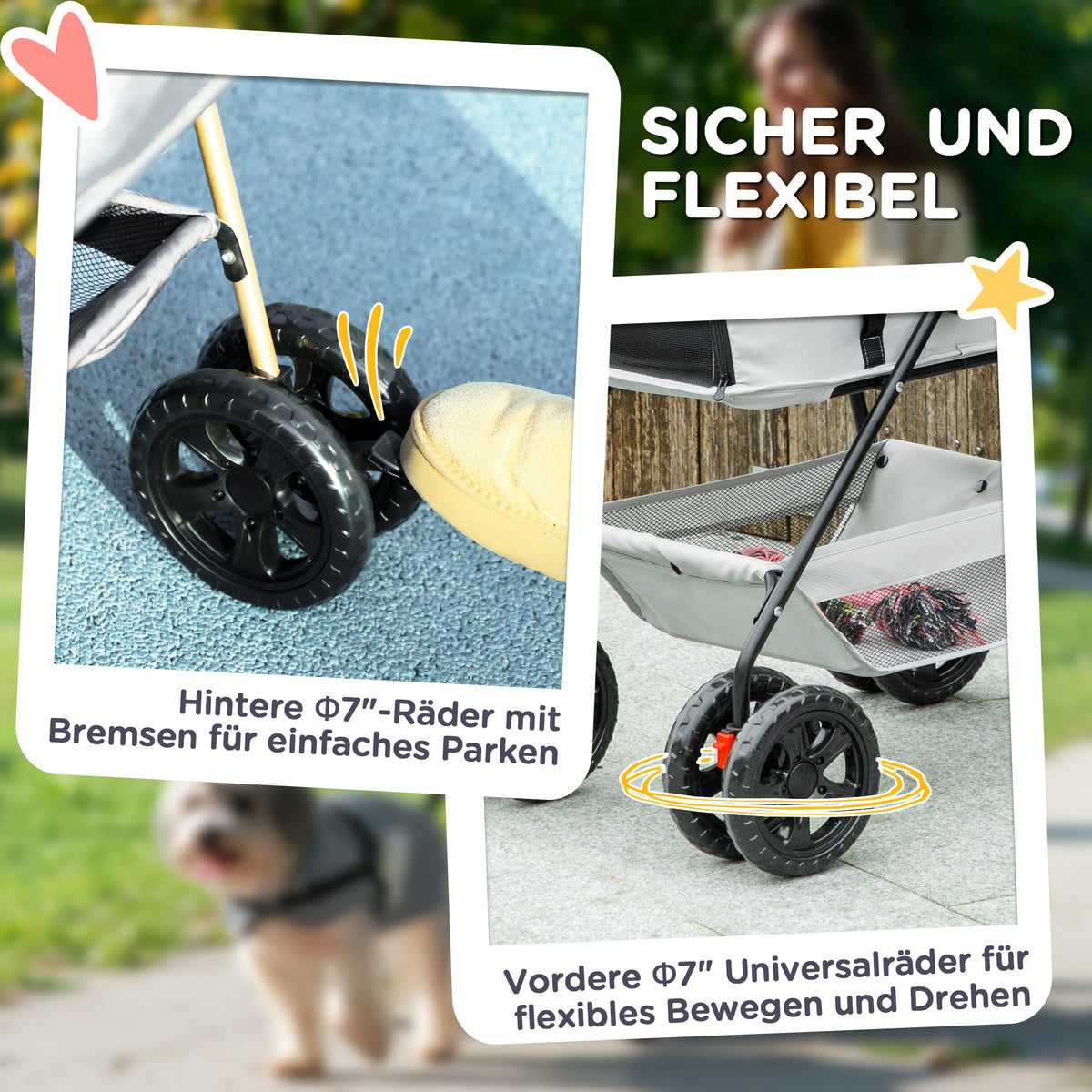 PawHut 3-in-1-Haustierkinderwagen, zusammenklappbarer Hundewagen mit 4 Rädern und abnehmbarer Trage für Hunde und Katzen, Grau