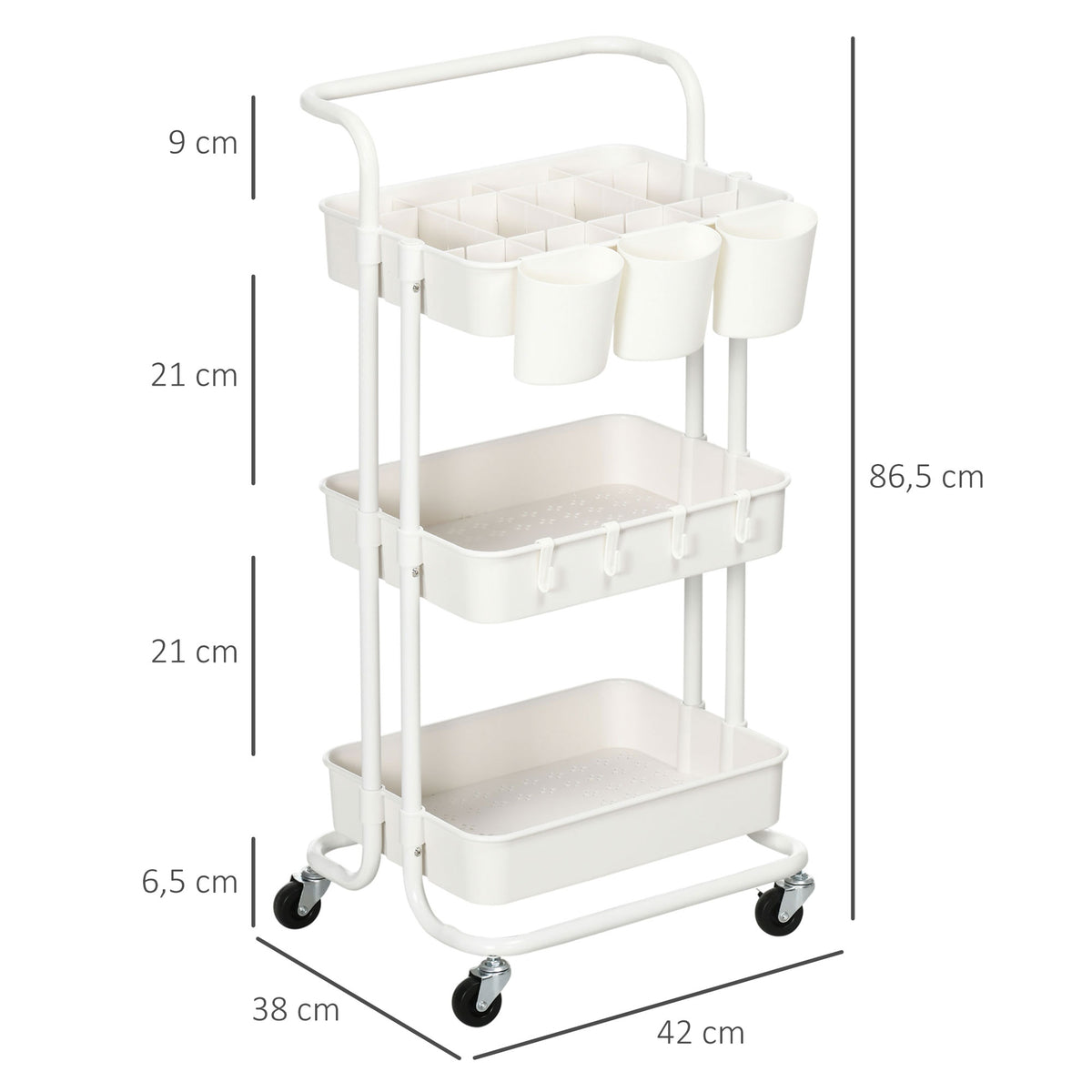 HOMCOM Rollwagen, Servierwagen, 3 Ablagekörbe, 3 Hängeboxen, 4 Haken, Metallrahmen, 42 x 38 x 86,5cm, Weiß