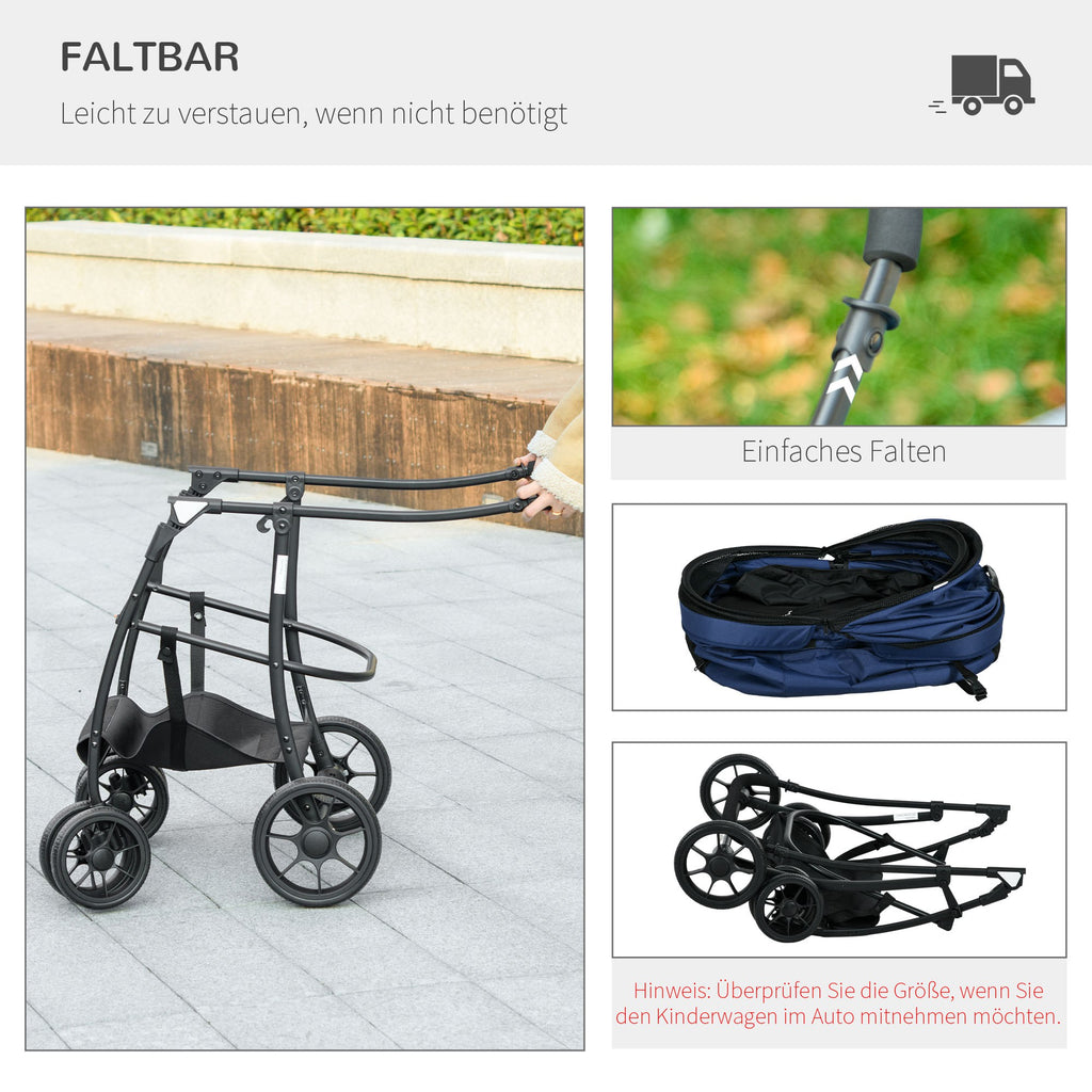 PawHut Hundewagen Hundebuggy bis 10 kg Klappbar Regenschutz, 2 Sicherheitsleinen 81x 68 x 98,5 cm Dunkelblau