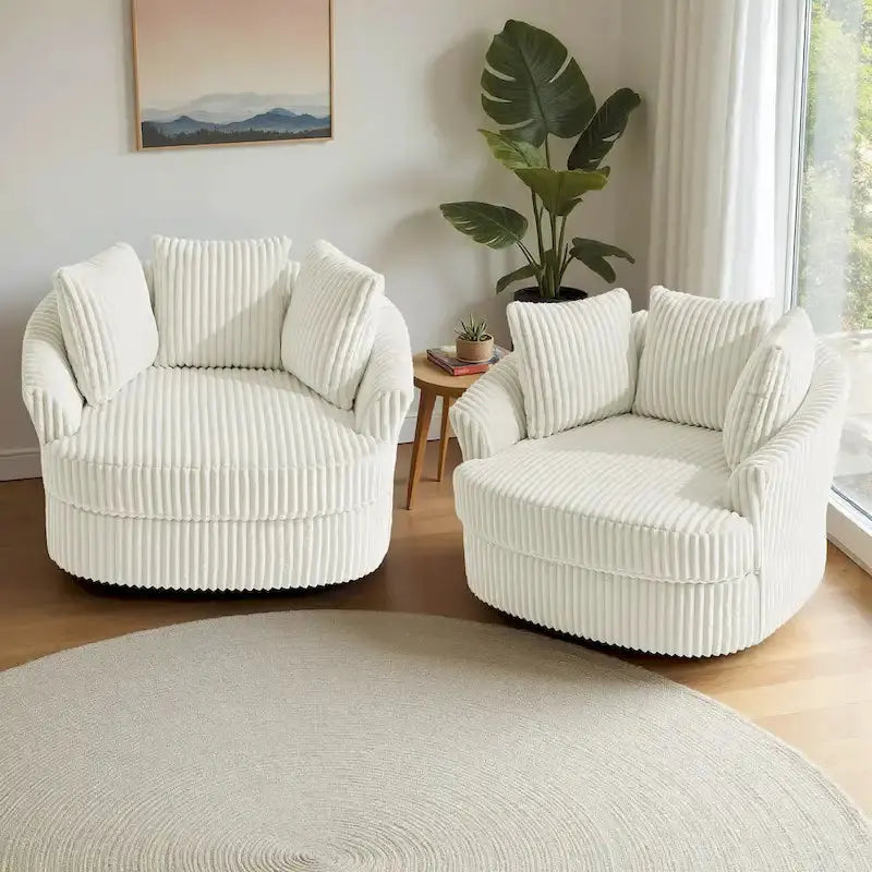 Oversized Corduroy Swivel Barrel Chair Set – 2-Piece Plush Seating with Decorative Pillows (43″W Each)